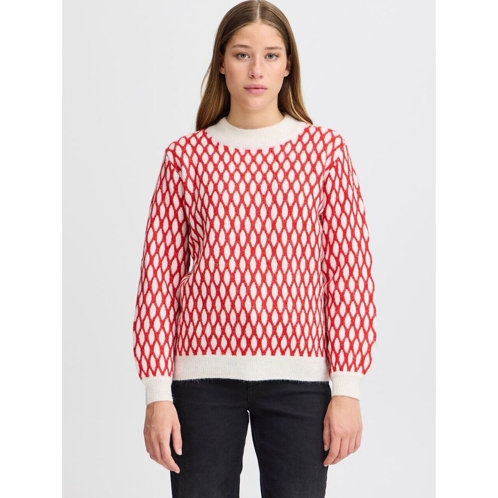 ICHI Kamara Geometric Sweater - oatmeal‎ w hot coral Sz S Small